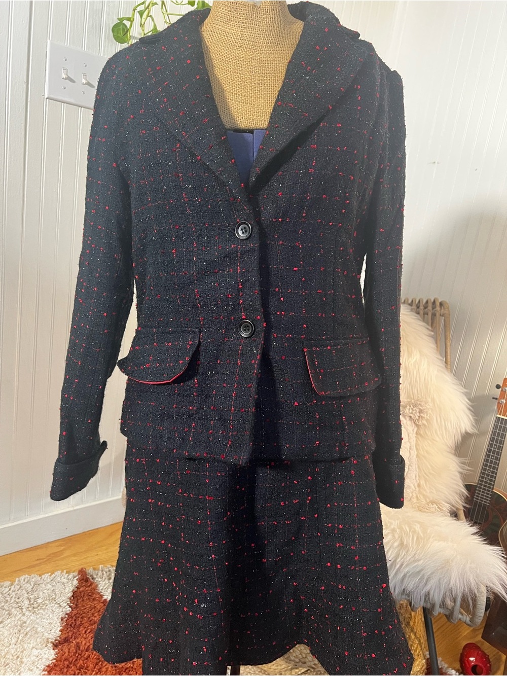 Vintage Black Tweed Women's Blazer Jacket with skirt w/Red Speck Detail